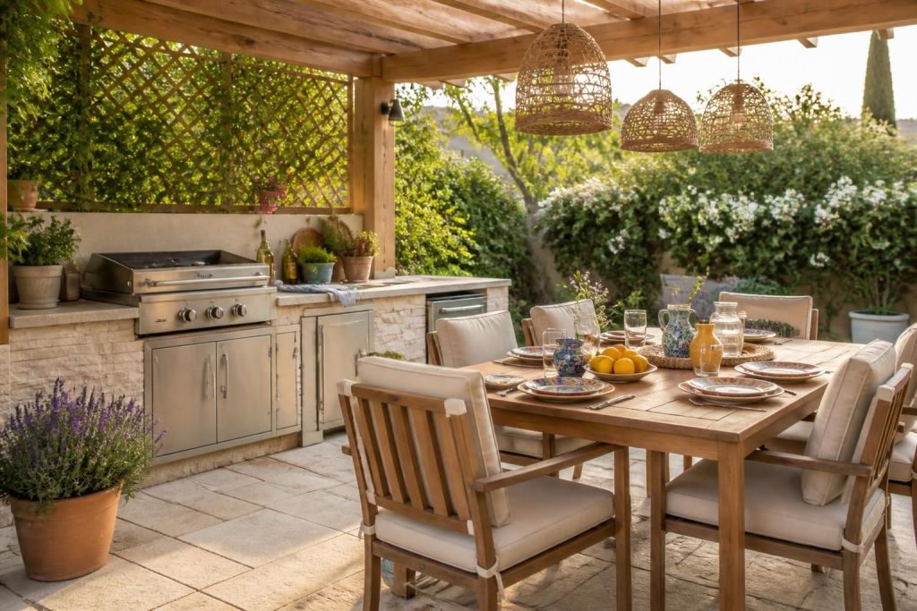 découvrez comment aménager un coin repas convivial avec une cuisine d'été et une plancha extérieure pour profiter pleinement des repas en plein air.