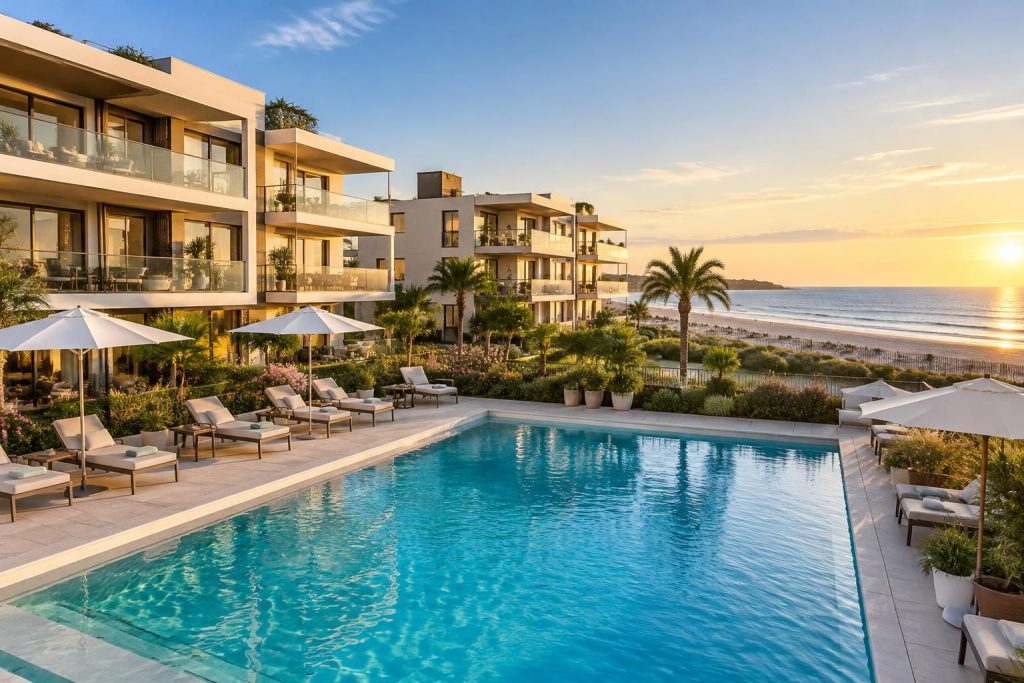 découvrez nos logements à valras-plage : résidences avec piscine et appartements avec vue sur la mer, pour des vacances les pieds dans l’eau.